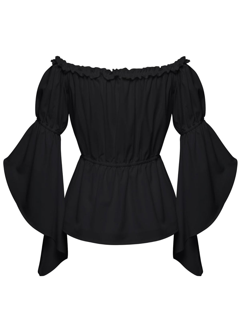 1930s Ruffled Bell Sleeve Off-Shoulder Solid Top - vintage fashion, retro style