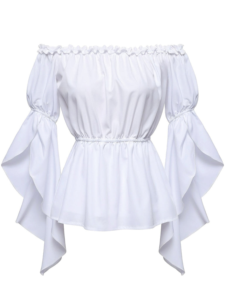 View 6: 1930s 1930s Ruffled Bell Sleeve Off-Shoulder Solid Top, perfect for retro themed parties, vintage fashion enthusiasts and special occasions