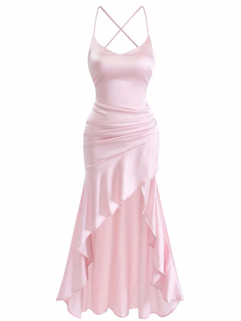 Pink 1930s Spaghetti Strap Backless Ruffle Dress 10