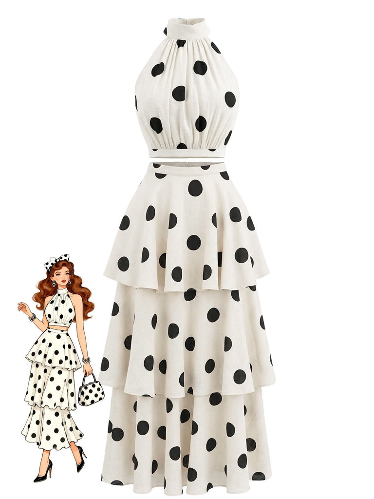 2PCS Beige 1930s Polka Dot Halter Sleeveless Top & Cake Skirt - vintage skirt, retro style