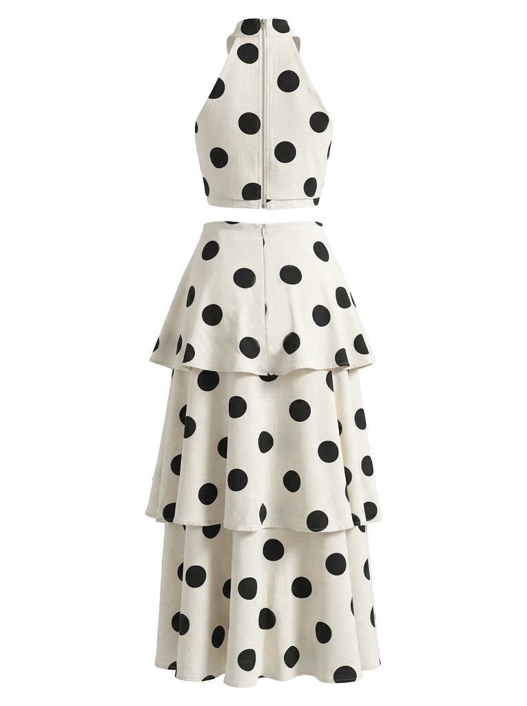 2PCS Beige 1930s Polka Dot Halter Sleeveless Top & Cake Skirt - vintage skirt, retro style