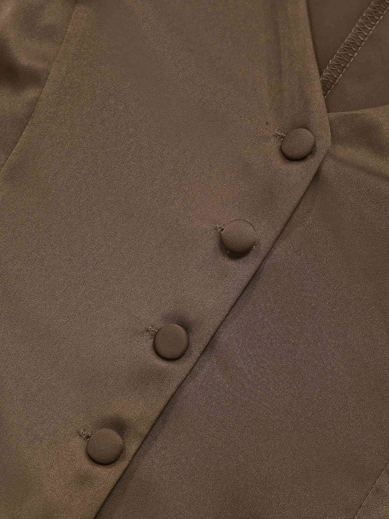 2PCS Brown 1930s Solid Satin Sleeveless V-Neck Vest & Fishtail Skirt - vintage skirt, retro style