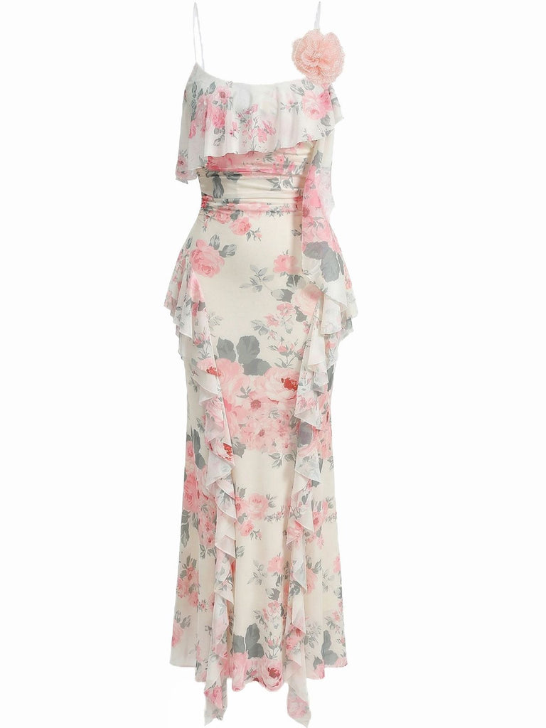 1930s Slip 3D Floral Ruffles Mesh Maxi Dress - vintage dress, retro fashion