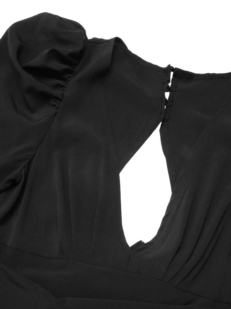 1930s Solid Deep V Puff Sleeves Jumpsuit — 1930s vintage charm for her modern wardrobe