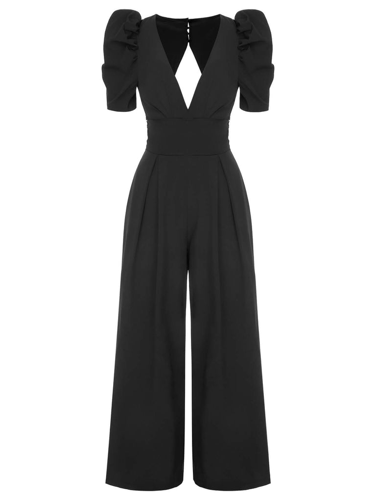 1930s Solid Deep V Puff Sleeves Jumpsuit, vintage romper, retro jumpsuit - perfect for women who love vintage and retro fashion