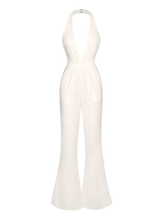 1930s Solid Deep V-Neck Halter Jumpsuit, vintage romper, retro jumpsuit - perfect for women who love vintage and retro fashion