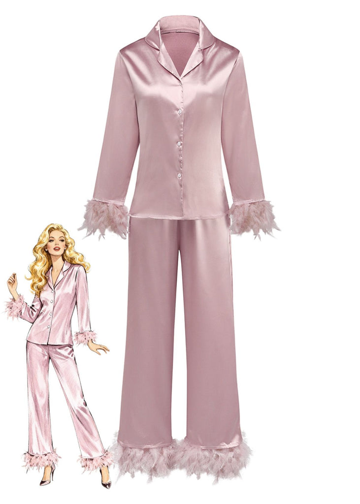 1930s Solid Feather Trim Satin Pajama Set - vintage fashion, retro style