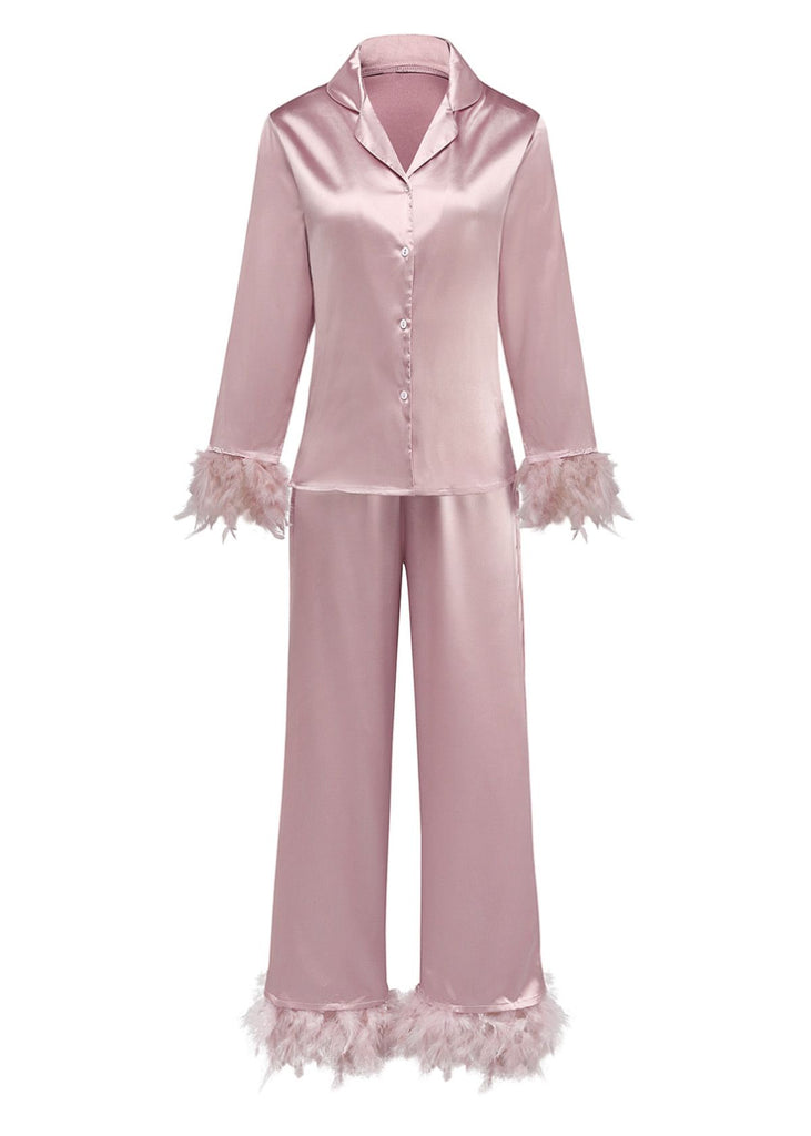 1930s Solid Feather Trim Satin Pajama Set - vintage fashion, retro style