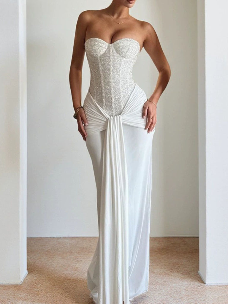 1930s Solid Lace-Up Strapless Maxi Dress - vintage dress, retro fashion