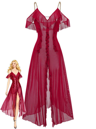 1930s Solid Mesh Ruffle Cold-Shoulder Slit Nightdress - vintage dress, retro fashion