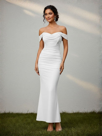 1930s Solid Off-Shoulder Bodycon Maxi Dress - vintage dress, retro fashion