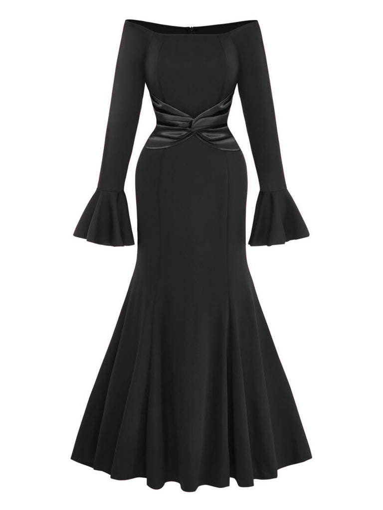 1930s Solid Off-Shoulder Pleated Bell Sleeve Dress - vintage dress, retro fashion