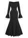1930s Solid Off-Shoulder Pleated Bell Sleeve Dress - vintage dress, retro fashion