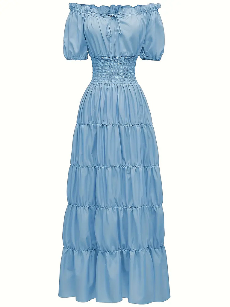 She slips into this 1930s Solid Off-Shoulder Smocked Puff Sleeves Dress and suddenly it's a 1930s daydream