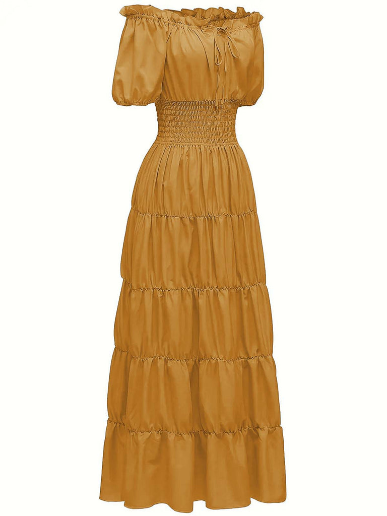This 1930s Solid Off-Shoulder Smocked Puff Sleeves Dress wraps her in 1930s elegance, one twirl at a time