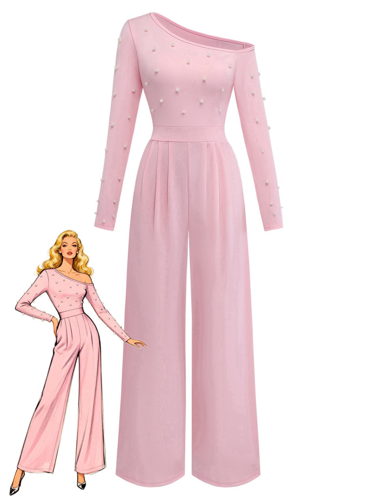 1930s Solid One-Shoulder Pearl Detail Long Sleeve Jumpsuit - vintage romper, retro jumpsuit, playful style for vintage lovers
