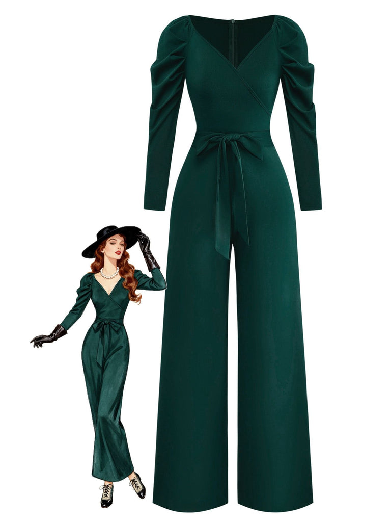 1930s Solid Ruched V-Neck Belted Jumpsuit - vintage jumpsuit, retro fashion