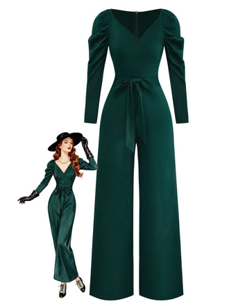 1930s Solid Ruched V-Neck Belted Jumpsuit - vintage jumpsuit, retro fashion