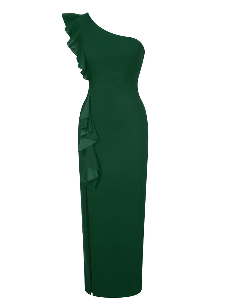 1930s Solid Ruffle One-Shoulder Slit Dress, vintage dress, retro fashion - perfect for women who love vintage and retro fashion