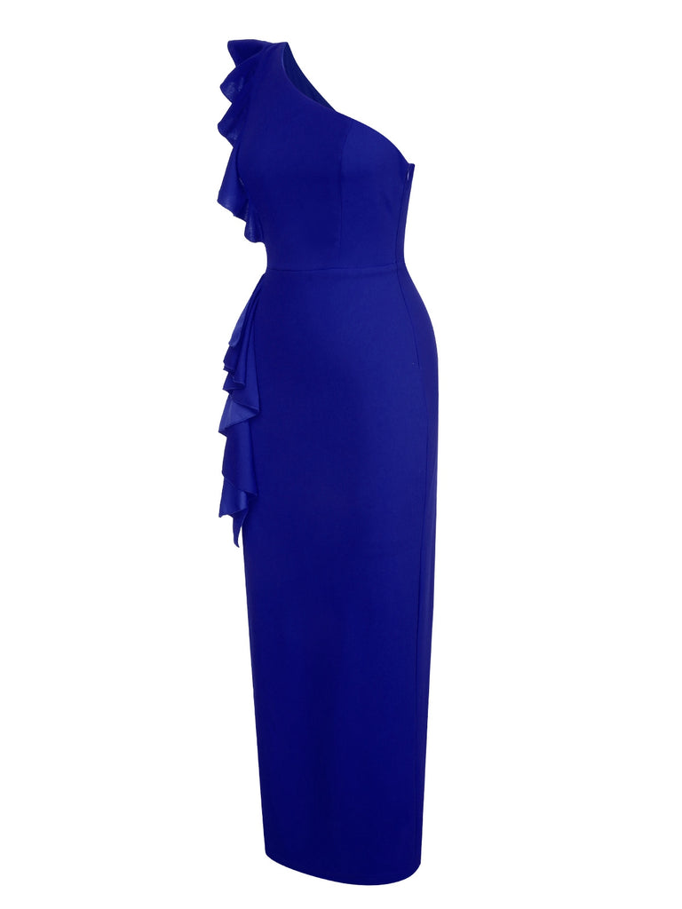 1930s Solid Ruffle One-Shoulder Slit Dress, vintage dress, retro fashion - perfect for women who love vintage and retro fashion