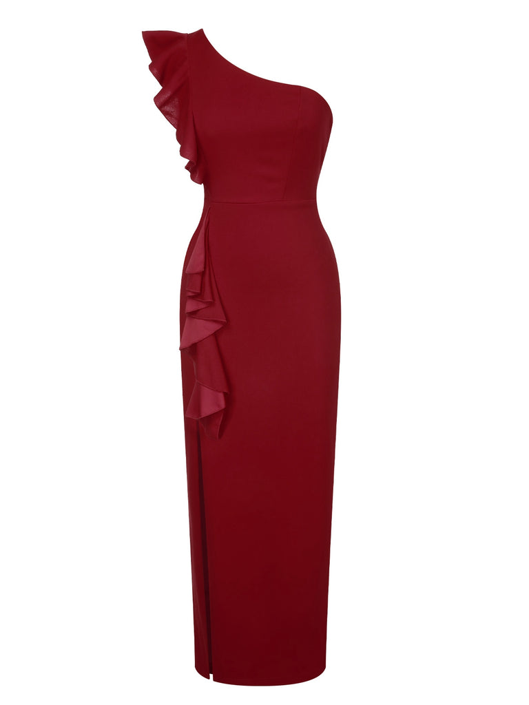 1930s Solid Ruffle One-Shoulder Slit Dress, vintage dress, retro fashion - perfect for women who love vintage and retro fashion