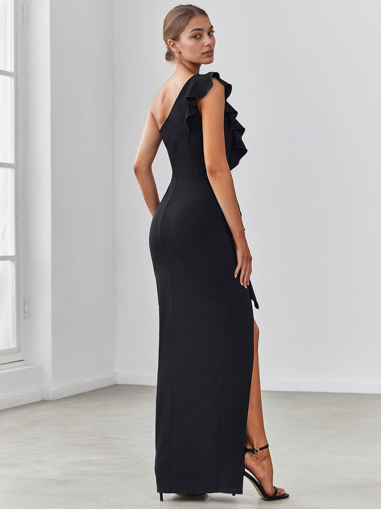 1930s Solid Ruffle One-Shoulder Slit Dress: where 1930s romance meets her modern spirit