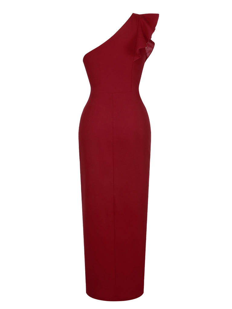 1930s Solid Ruffle One-Shoulder Slit Dress, vintage dress, retro fashion - perfect for women who love vintage and retro fashion