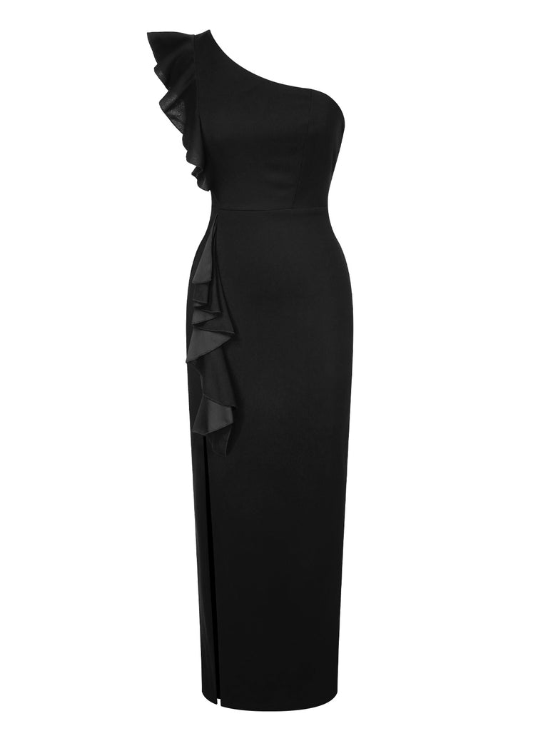 1930s Solid Ruffle One-Shoulder Slit Dress, vintage dress, retro fashion - perfect for women who love vintage and retro fashion