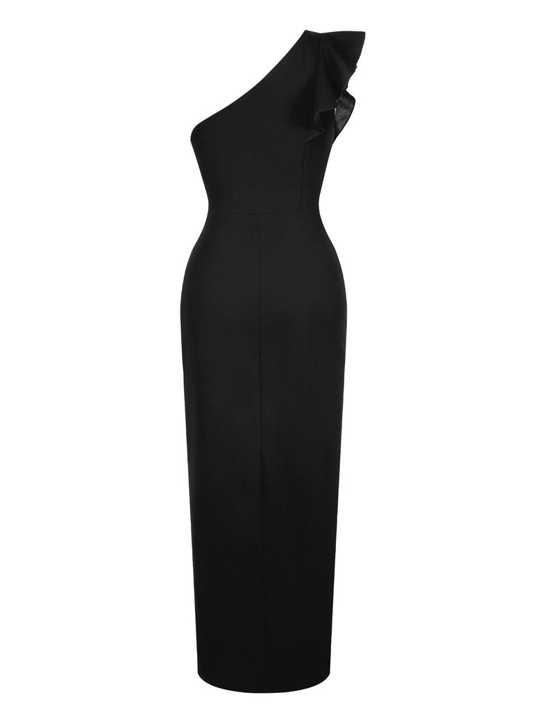 1930s Solid Ruffle One-Shoulder Slit Dress, vintage dress, retro fashion - perfect for women who love vintage and retro fashion