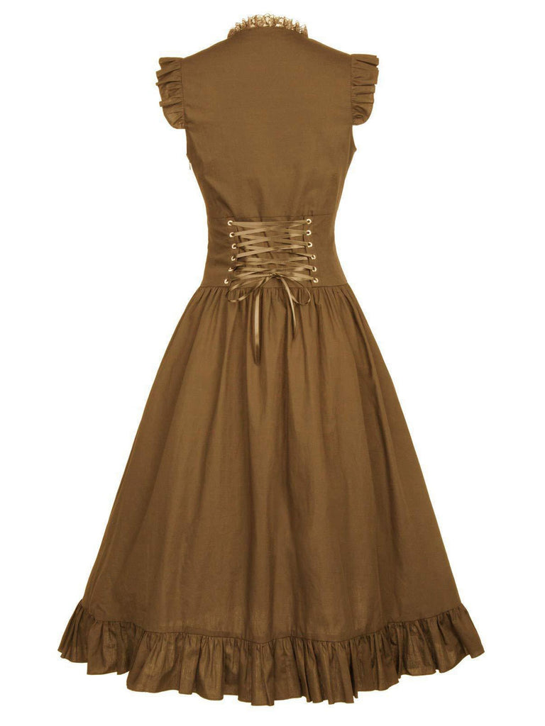 She slips into this 1930s Solid Ruffles Square Neck Steampunk Dress and suddenly it's a 1930s daydream