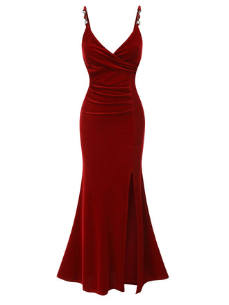 1930s Solid Spaghetti Straps Velvet Pleated Dress, vintage dress, retro fashion - perfect for women who love vintage and retro fashion