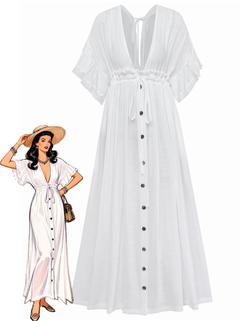 1930s Solid V-Neck Rayon Slub Beach Cover-Up - vintage fashion, retro style