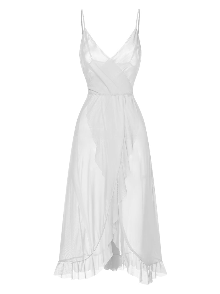 1930s Solid V-Neck Ruffle Sheer Nightgown, vintage fashion, retro style - perfect for women who love vintage and retro fashion