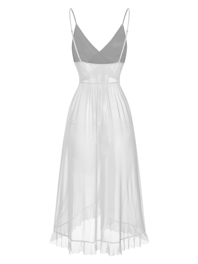 1930s Solid V-Neck Ruffle Sheer Nightgown, vintage fashion, retro style - perfect for women who love vintage and retro fashion