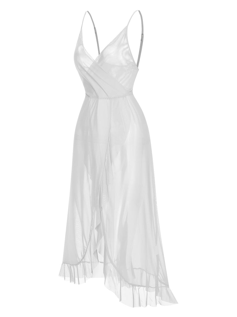 1930s Solid V-Neck Ruffle Sheer Nightgown, vintage fashion, retro style - perfect for women who love vintage and retro fashion