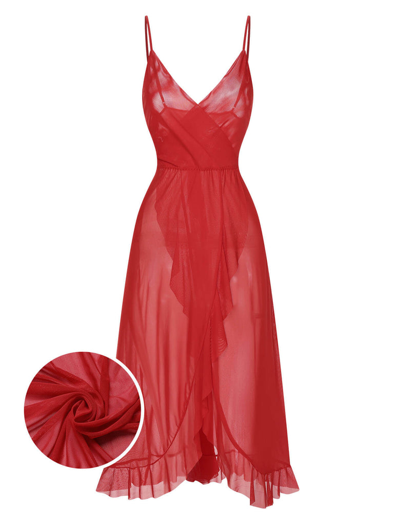 1930s Solid V-Neck Ruffle Sheer Nightgown, vintage fashion, retro style - perfect for women who love vintage and retro fashion