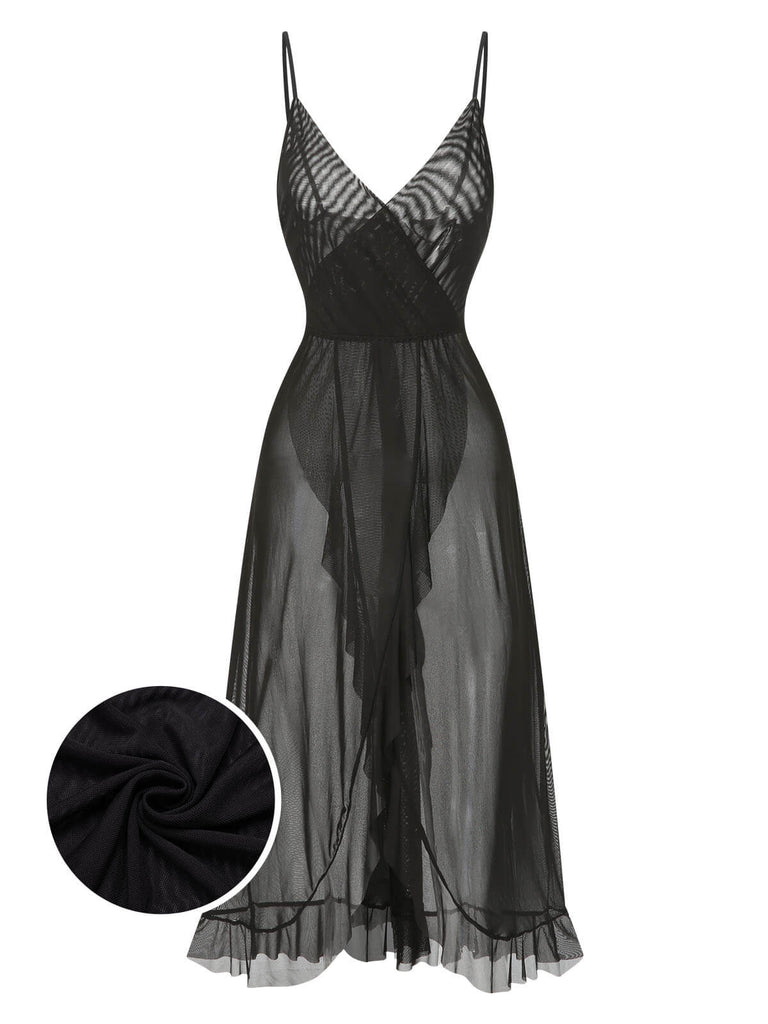 1930s Solid V-Neck Ruffle Sheer Nightgown, vintage fashion, retro style - perfect for women who love vintage and retro fashion