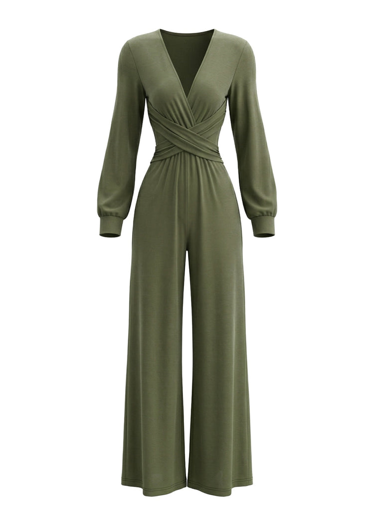 1930s Solid Wrap Front Long Sleeve Jumpsuit - vintage romper, retro jumpsuit for vintage lovers