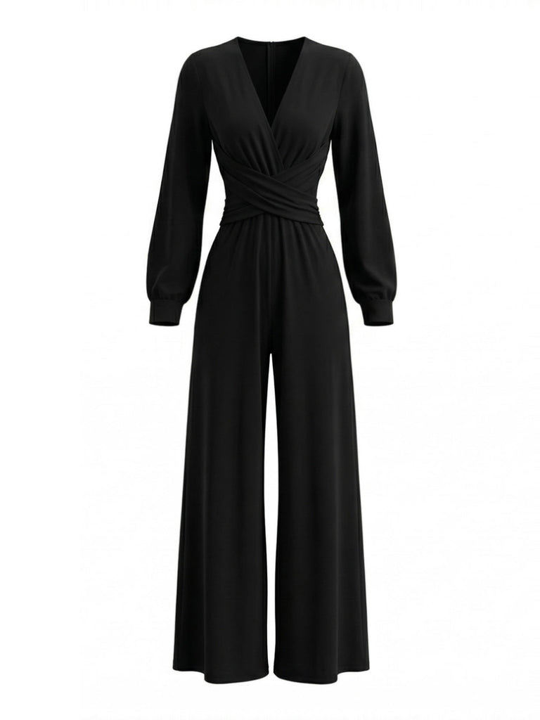 1930s Solid Wrap Front Long Sleeve Jumpsuit - vintage romper, retro jumpsuit for vintage lovers