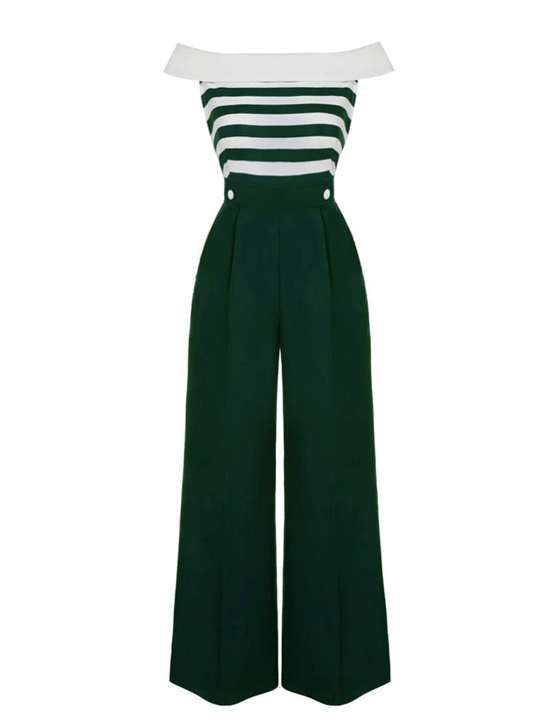 Dark Blue 1930s Stripe Off-Shoulder Jumpsuit, vintage romper, retro jumpsuit - perfect for women who love vintage and retro fashion