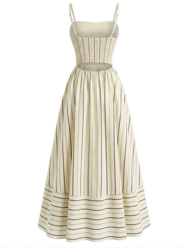 1930s Striped Spaghetti Strap Hollow Smocked Dress: beautiful vintage dress, retro fashion, elegant style with timeless appeal