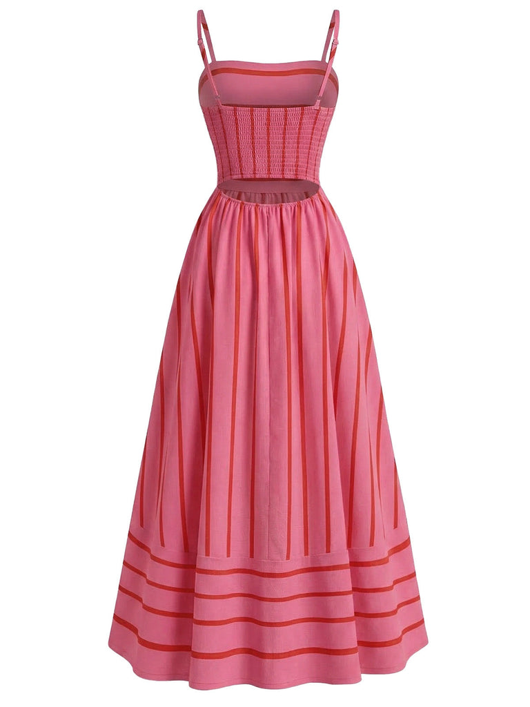 1930s Striped Spaghetti Strap Hollow Smocked Dress | vintage dress, retro fashion, elegant style - perfect for retro fashion enthusiasts