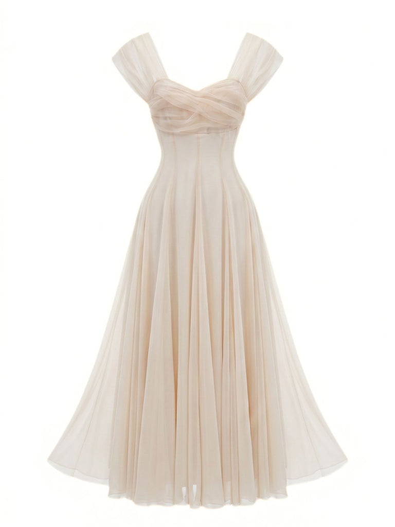 1930s Sweetheart Neck Cap Sleeve Mesh Fishbone Dress