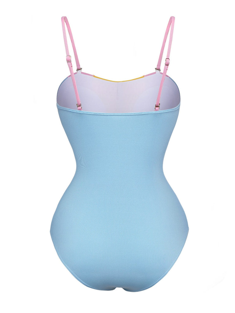 Blue 1930s Contrast Spaghetti Straps One-Piece Swimsuit - vintage swimsuit, pin-up style