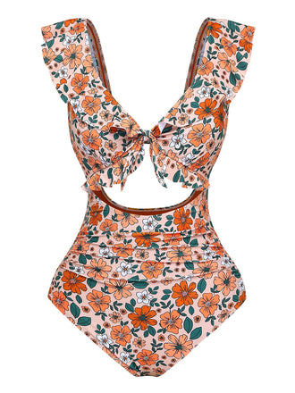 1930s Floral Ruffle Cutout Tie-Front One-Piece Swimsuit - vintage swimsuit, pin-up style