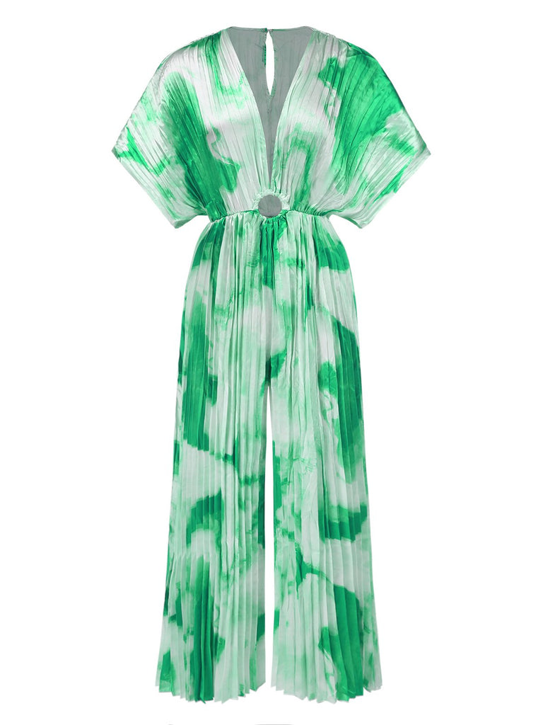 1930s Tie-Dye V-Neck Pleated Ring Jumpsuit - vintage jumpsuit, retro fashion