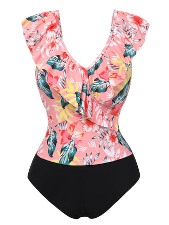 1930s Tropical Plants Ruffled V-Neck Tankini Set - vintage fashion, retro style
