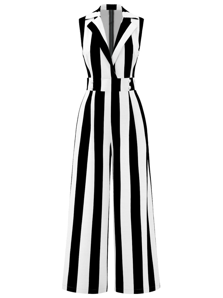 She finds her 1930s story in this 1930s V-Neck Black & White Vertical Stripes Jumpsuit