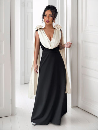 1930s V-Neck Colorblock 3D Roses Cape Dress - vintage dress, retro fashion