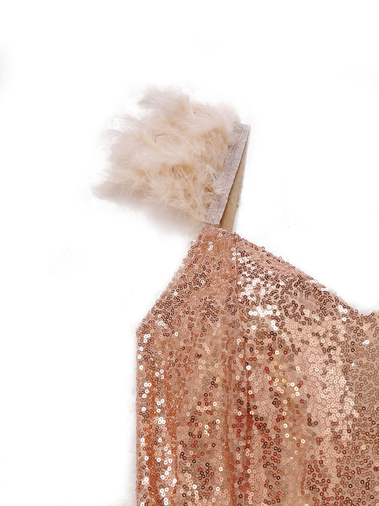 1930s V-Neck Feather Strap High Slit Sequined Dress - vintage dress, retro fashion